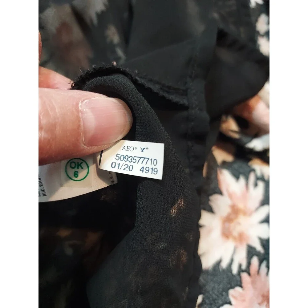 American Eagle Babydoll Dress Mini Short Tie Back Puff Sleeve Black Floral S‎